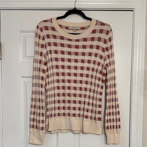 LOFT Burgundy and Cream Plaid Crew Neck Sweater